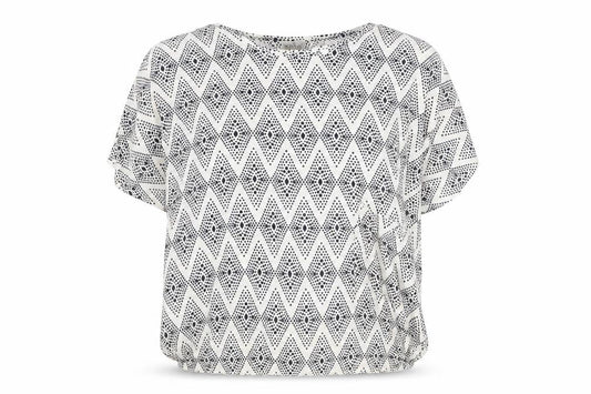 Front view of Masai Women’s Black White Geometric Tunic Blouse, size L, Viscose