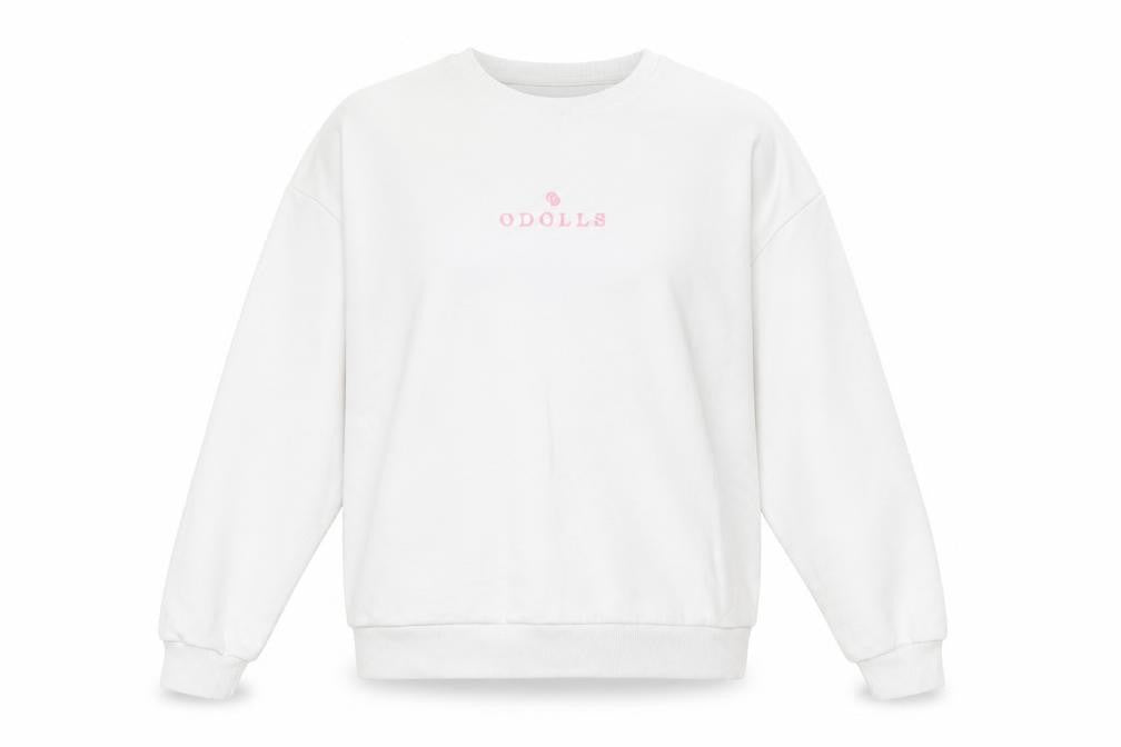 ODolls Womens White Sweatshirt Size 6 Cotton Blend Logo Crew Neck