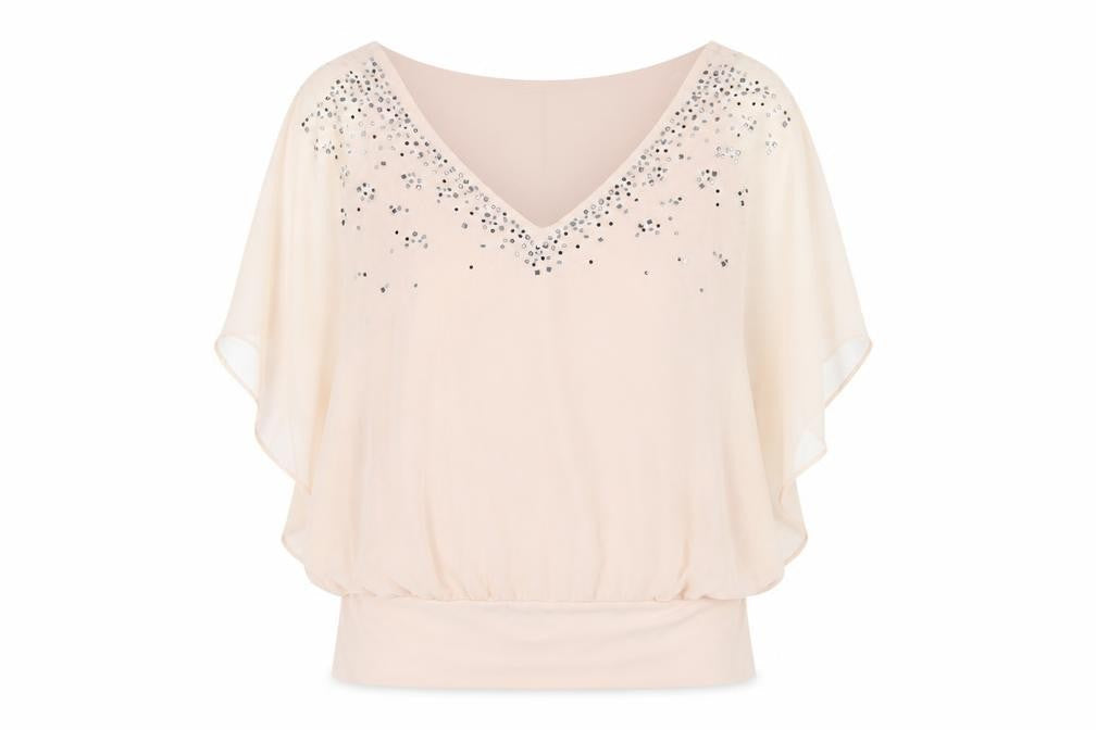 Wallis Women’s Beige Petite Blouse UK 16 Sequin V-Neck Tunic