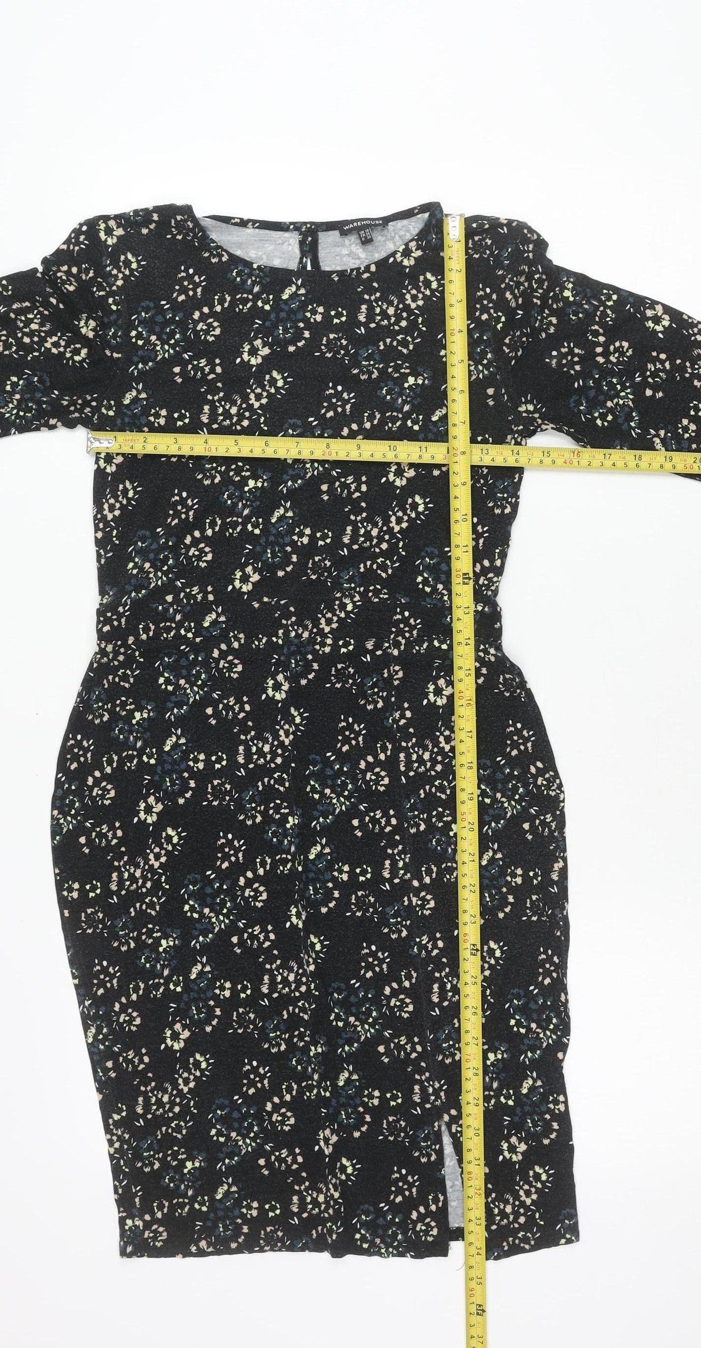 Warehouse Women’s Black Floral Bodycon Knee Length Dress Size 10