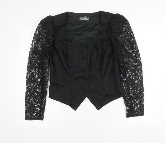 Vera Mont Women's Black Lace Blouse Size 14 Square Neck Puff Sleeve
