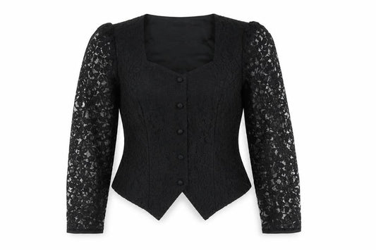 Front view of Vera Mont Women's Black Lace Blouse, size 14, Square Neck Puff Sleeve