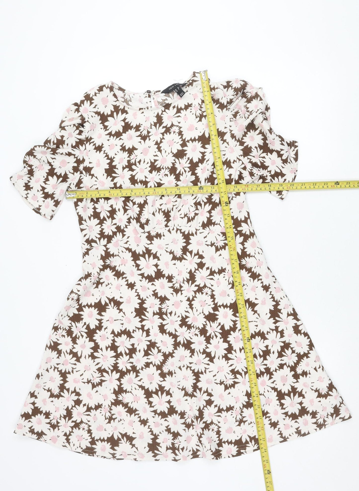 New Look Women’s Brown Floral Skater Dress UK 12 Short Puff Sleeve