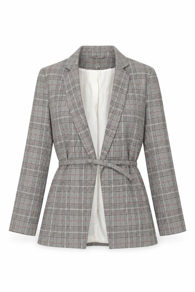 H&M Women’s Grey Check Belted Blazer UK 8 Work Casual Jacket