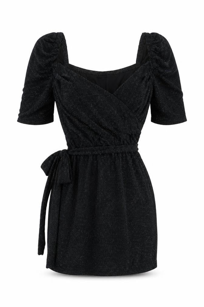 MAX+ASH Women's Black Glitter Puff Sleeve Short Bodycon Dress L