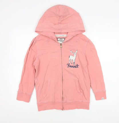 Front view of Hamnett girls’ pink cotton zip hoodie jacket with hood m