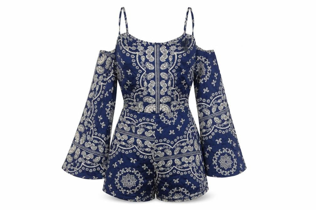 Motel Rocks Womens Blue Paisley Cold Shoulder Long Sleeve Playsuit Size 6