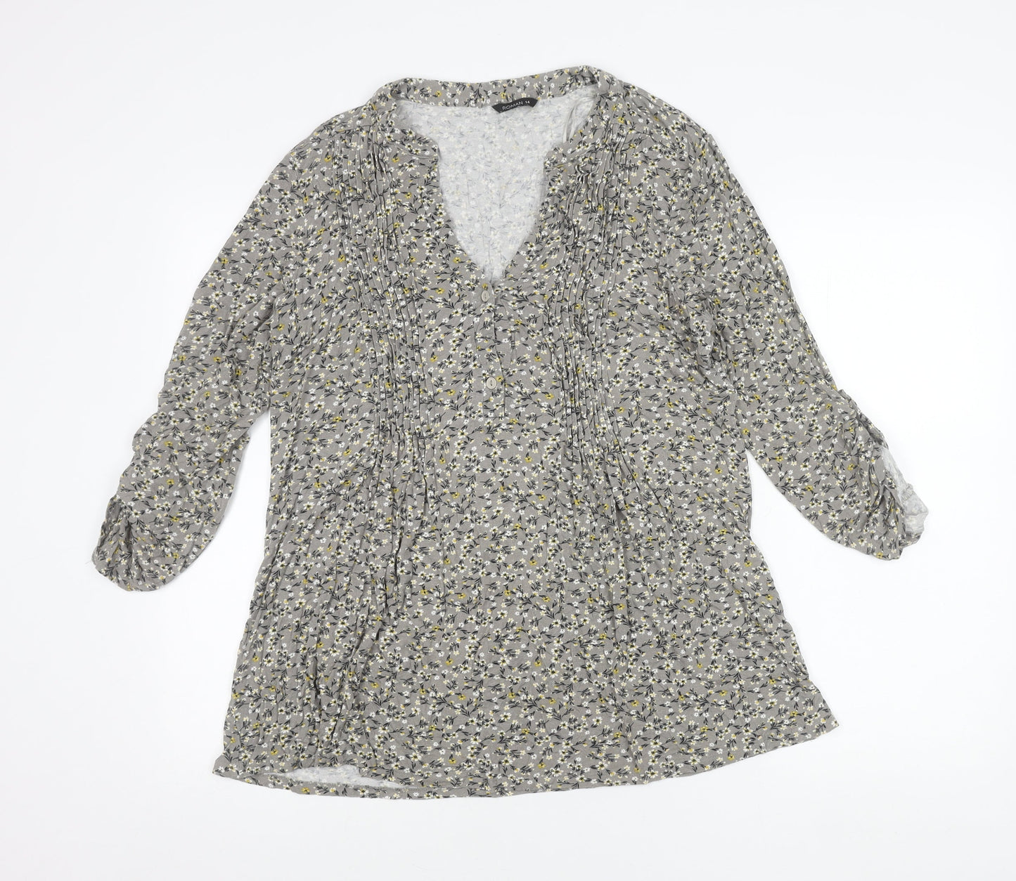 Roman Womens Grey Floral Tunic Blouse Size 14 Viscose
