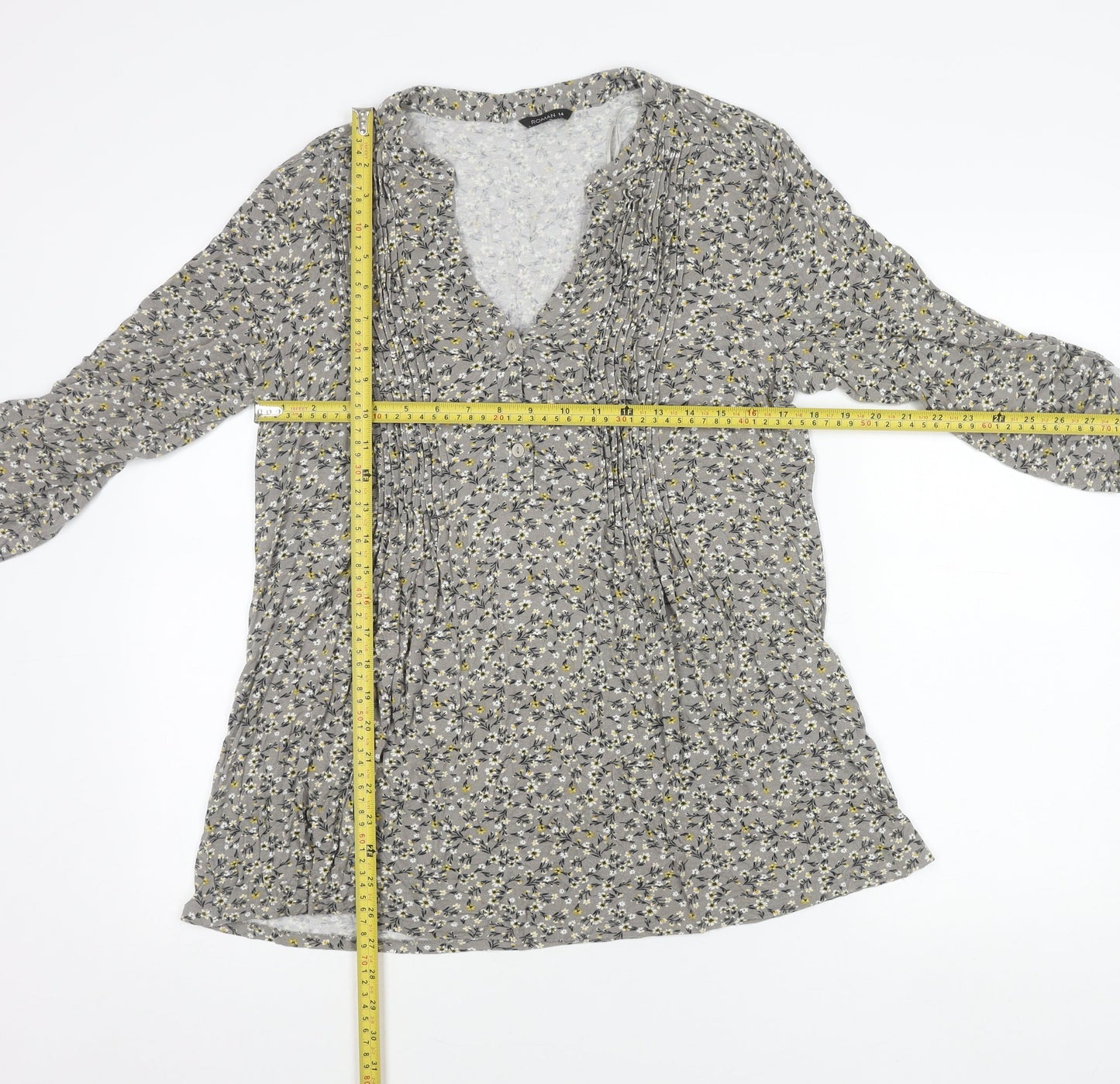 Roman Womens Grey Floral Tunic Blouse Size 14 Viscose