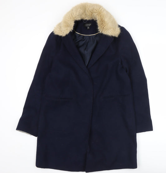 Topshop Womens Blue Faux Fur Collar Coat UK 10 Long Sleeve Overcoat