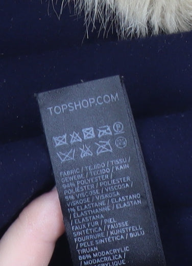 Topshop Womens Blue Faux Fur Collar Coat UK 10 Long Sleeve Overcoat