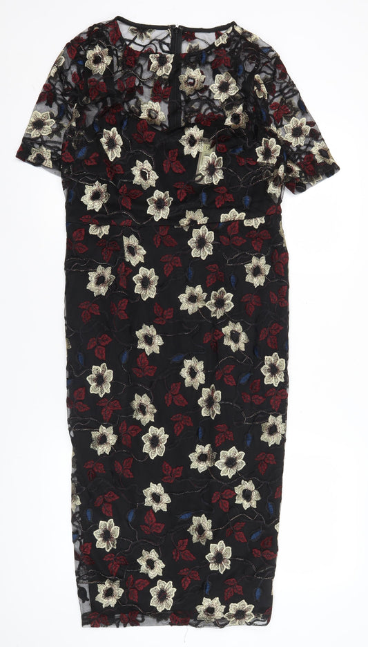 M&Co Boutique Womens Black Floral Embroidered Sheath Dress Size 12