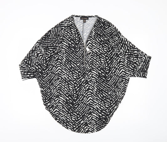 QED London Women’s Black Animal Print Zip Tunic Blouse S/M