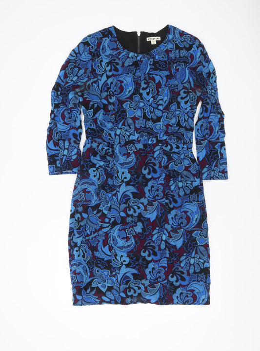 Whistles Women’s Blue Silk Floral Sheath Dress UK 12 Long Sleeve