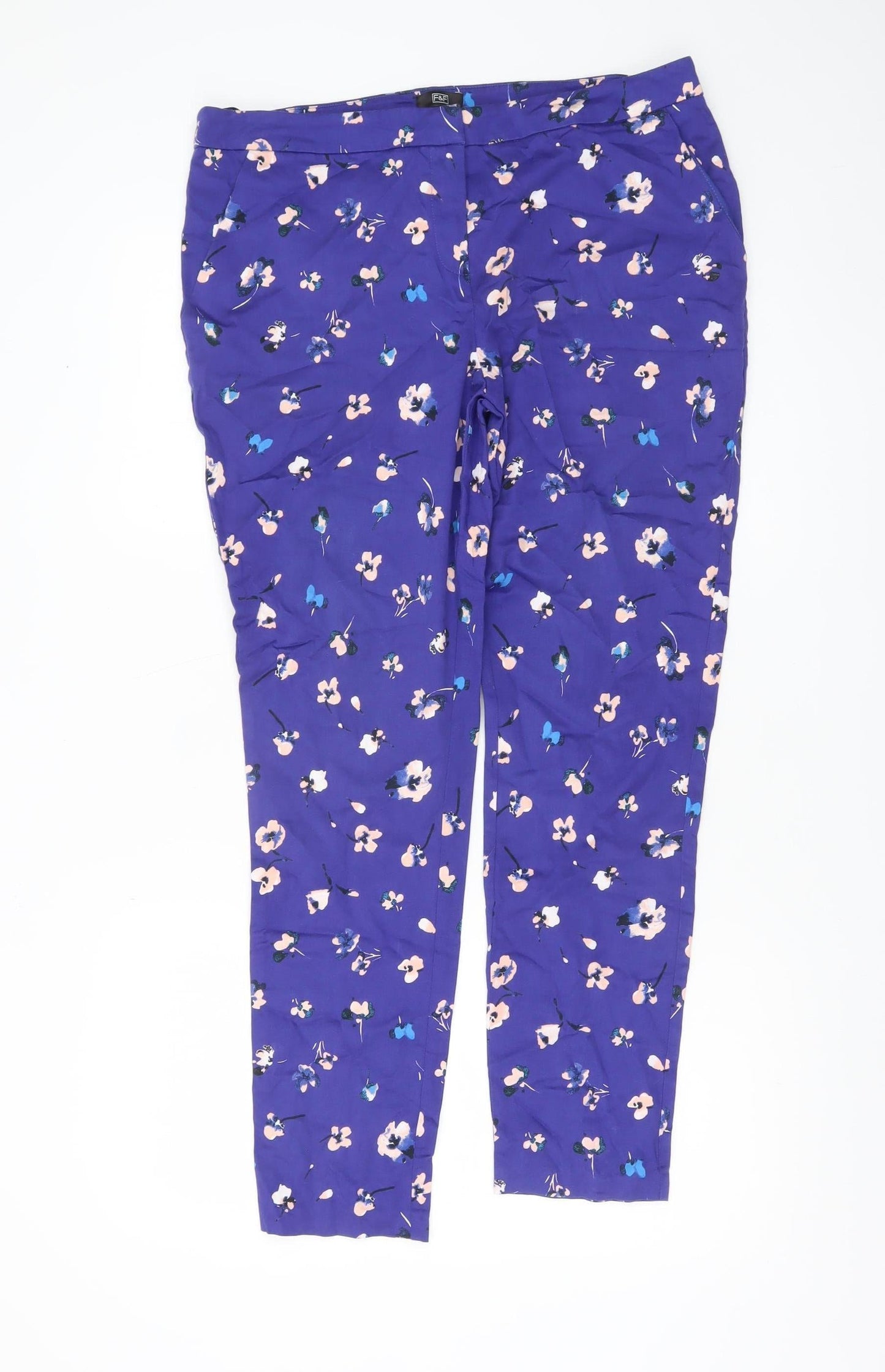 F&F Womens Purple Floral Slim Fit Stretch Trousers Size 14