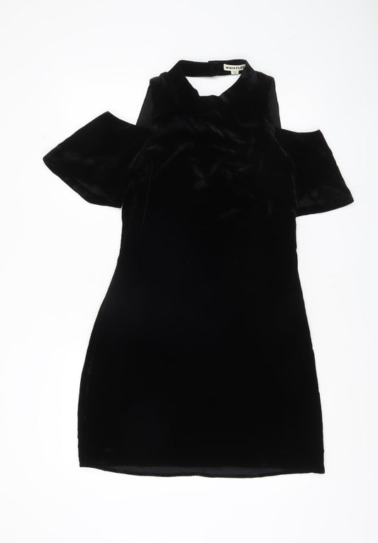 Whistles Women Black Velvet Shift Dress Size 8 Cold Shoulder