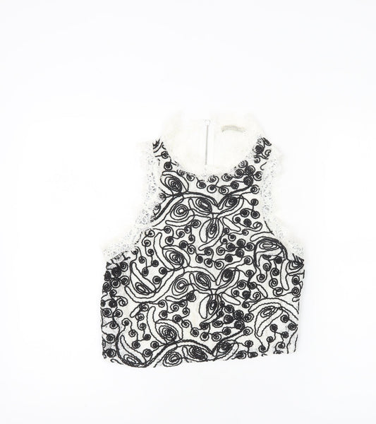 Zara Trafaluc Womens White Black Lace Embroidered Cropped Blouse S