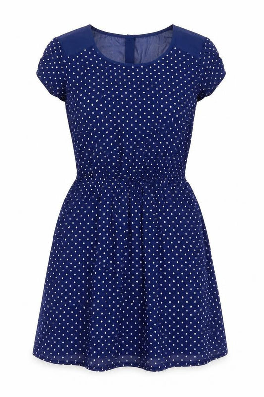 H&M Women Blue Polka Dot Skater Dress Size 10 Short Sleeve Retro