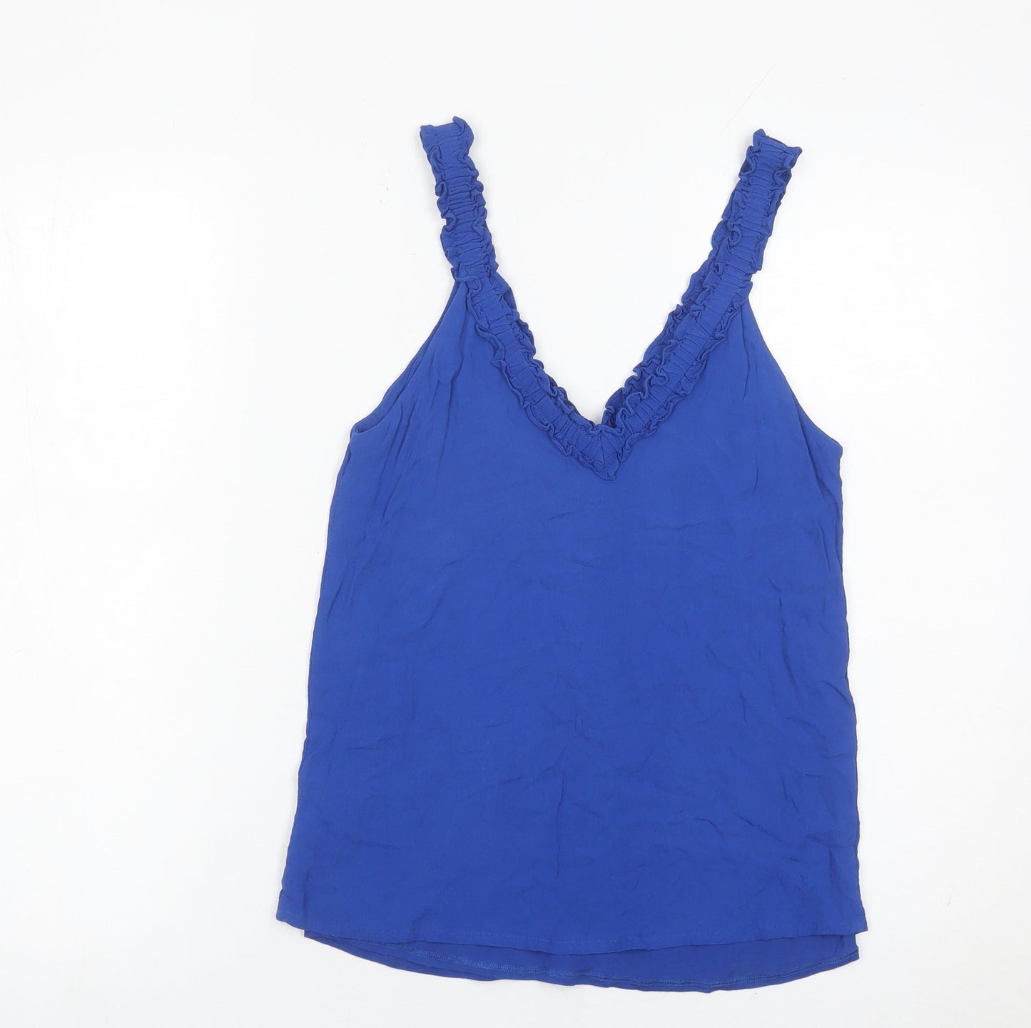 Massimo Dutti Womens Blue XS Viscose Ruffle V-Neck Camisole Tank Top