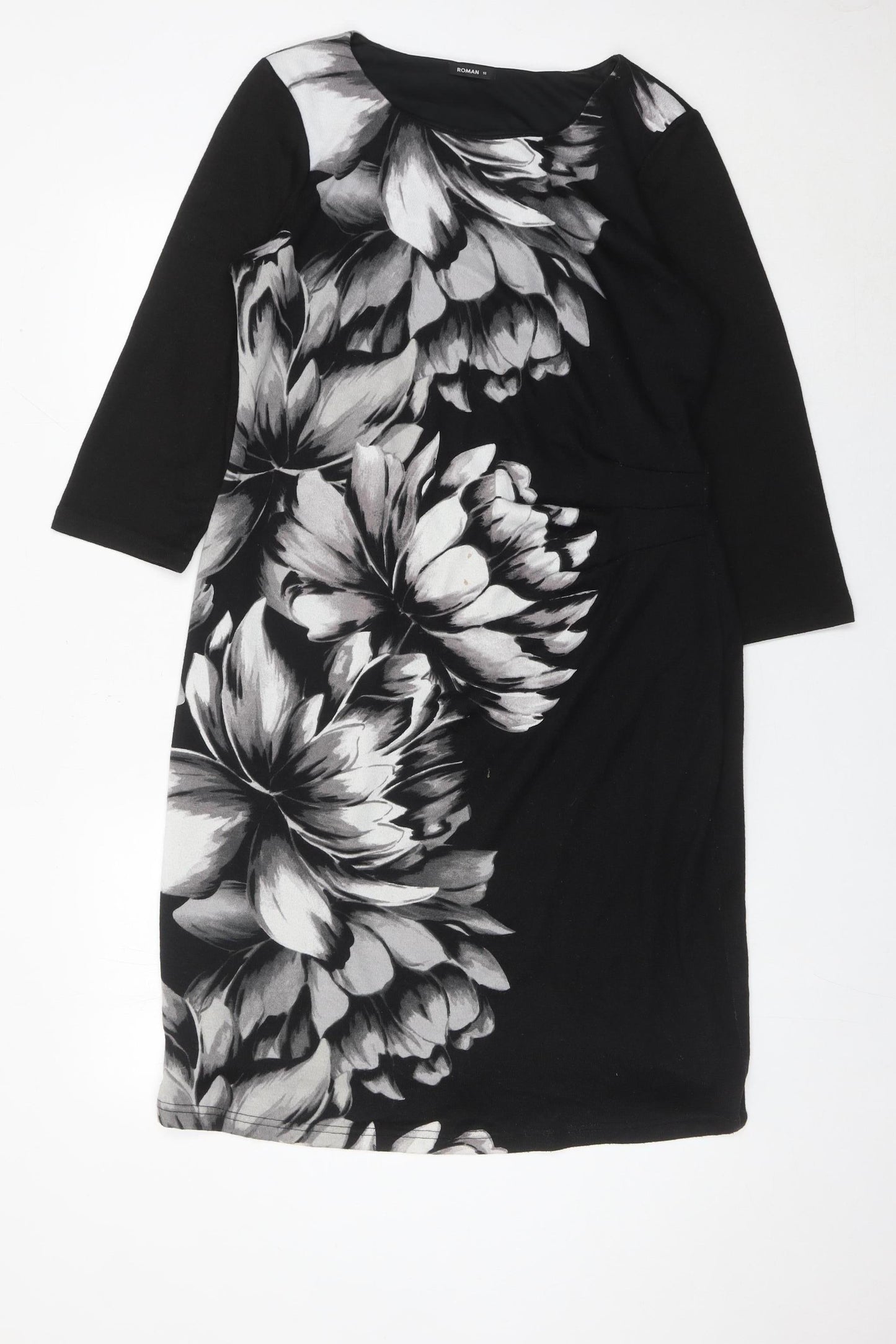 Roman Women’s Black Grey Floral Sheath Dress Size 16 3/4 Sleeve