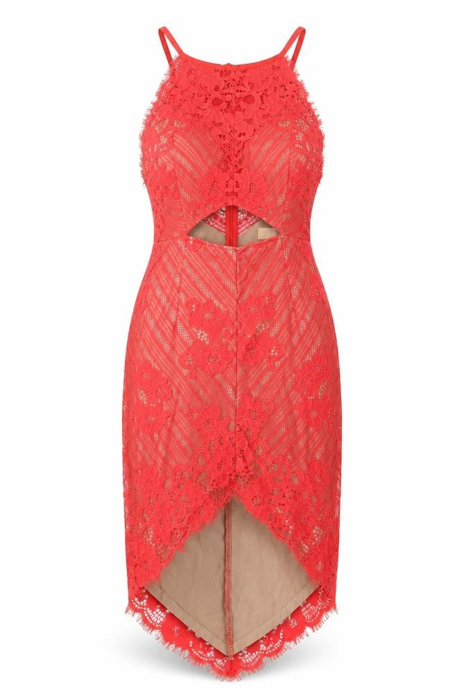 Love Triangle Women’s Red Lace Bodycon Hi-Low Halter Dress Size 14
