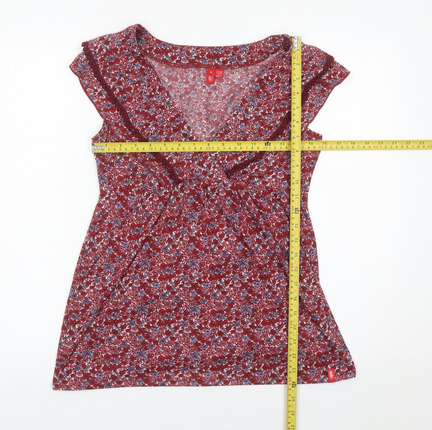 Esprit Women Red Floral V-Neck Ruffle Sleeveless Wrap Blouse M
