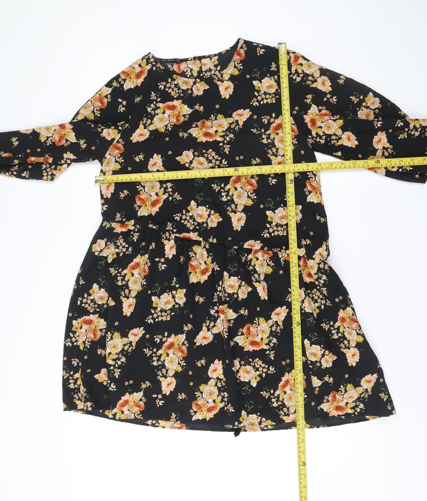 Zara Women’s Black Floral A-Line Dress Size 14 Long Sleeve Viscose