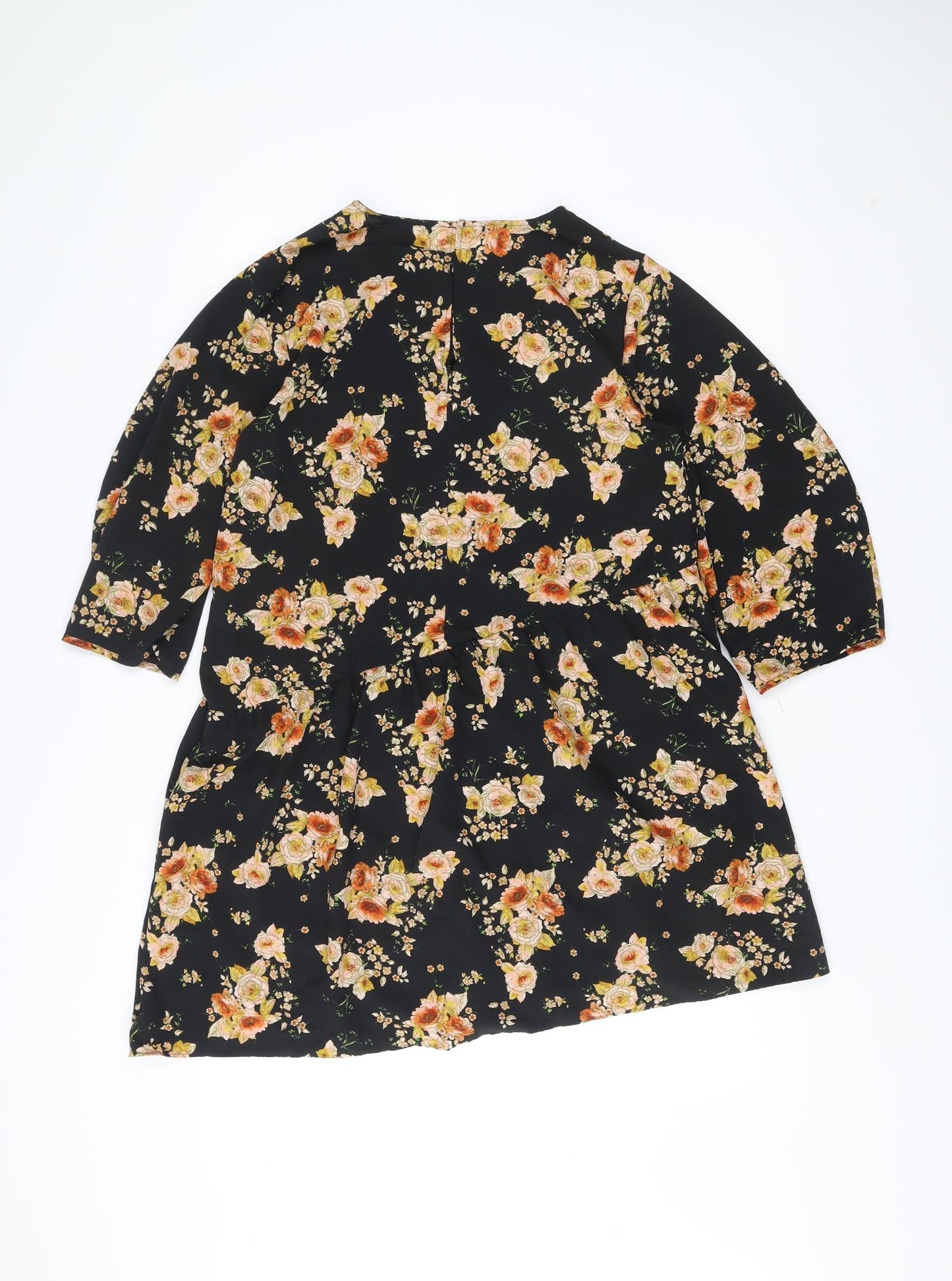 Zara Women’s Black Floral A-Line Dress Size 14 Long Sleeve Viscose
