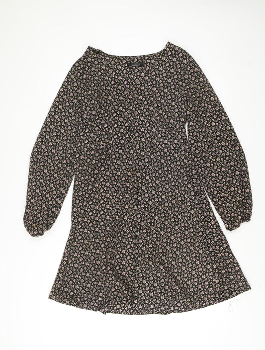 Next Womens Black Floral A-Line Knee Length Dress Size 10