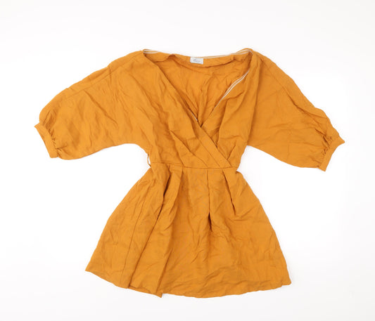 Oh Polly Women’s Yellow Wrap Dress Size 4 Short Puff Sleeve V-Neck