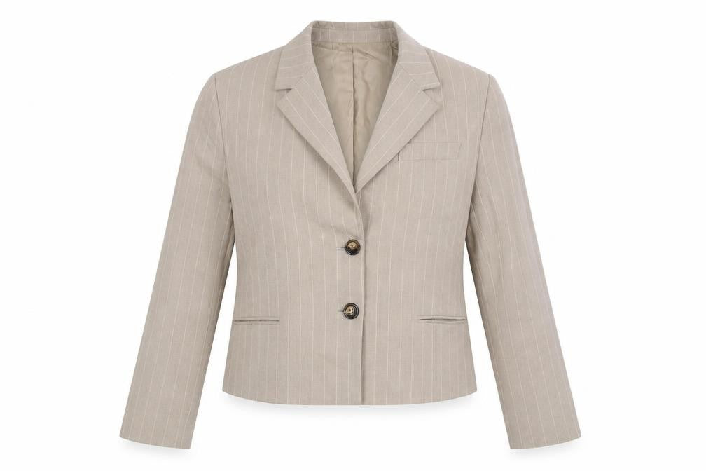 Mango Womens Beige Pinstripe Blazer Size 10 Cropped Jacket