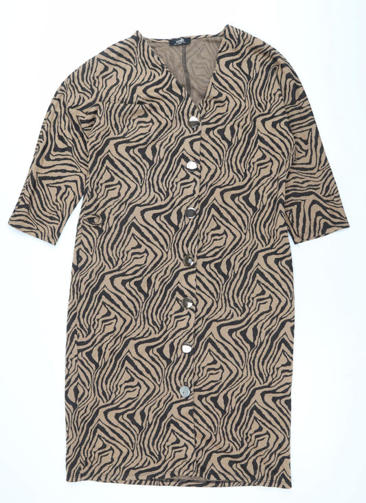 Wallis Women’s Brown Animal Print Shift Dress Size 14 V-Neck 3/4 Sleeve