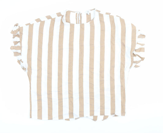 River Island Women Beige White Striped Ruffle Blouse Size S