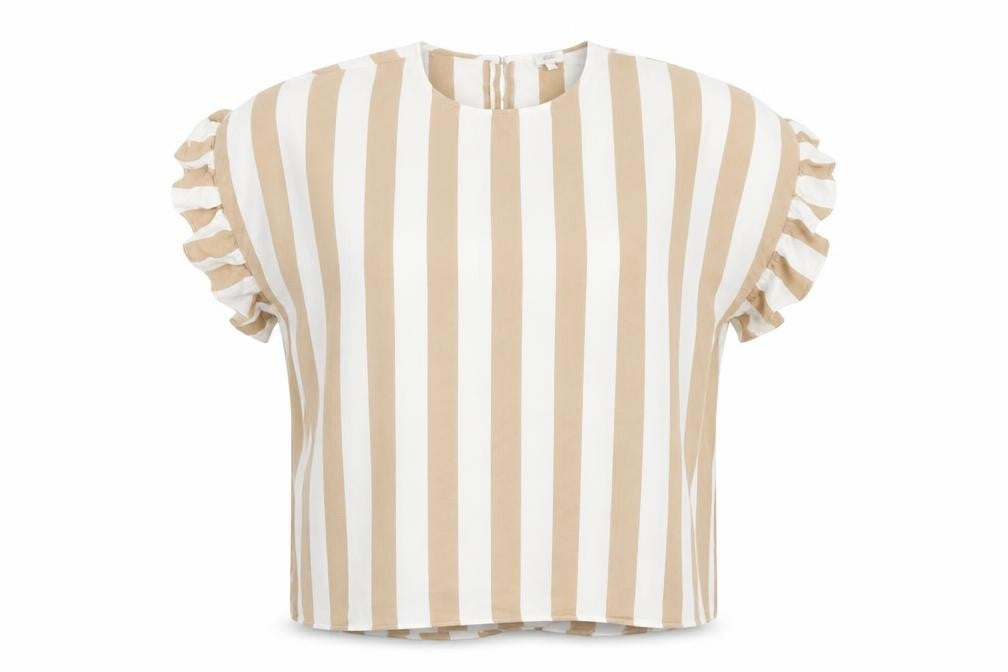 River Island Women Beige White Striped Ruffle Blouse Size S