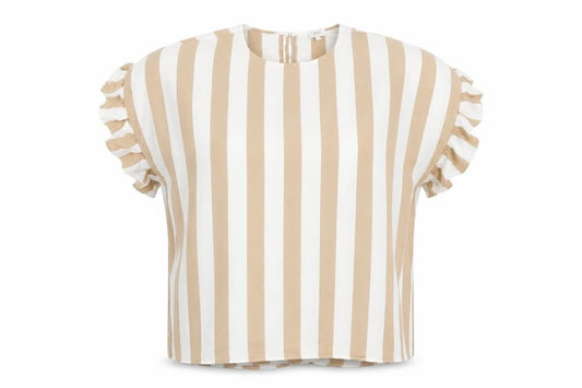 River Island Women Beige White Striped Ruffle Blouse Size S