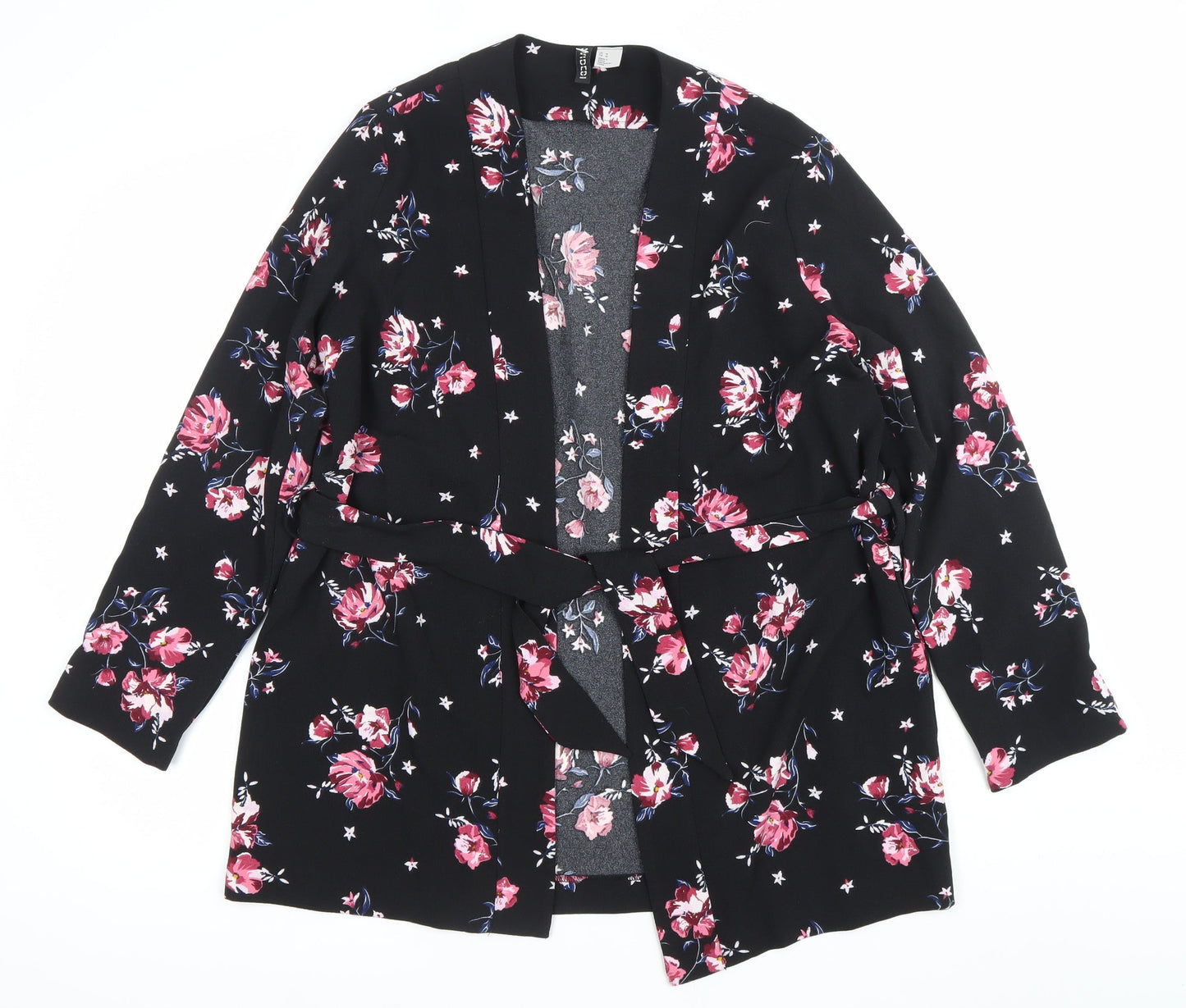 H&M Divided Womens Black Floral Kimono Blouse Size M Tie Belt Long Sleeve
