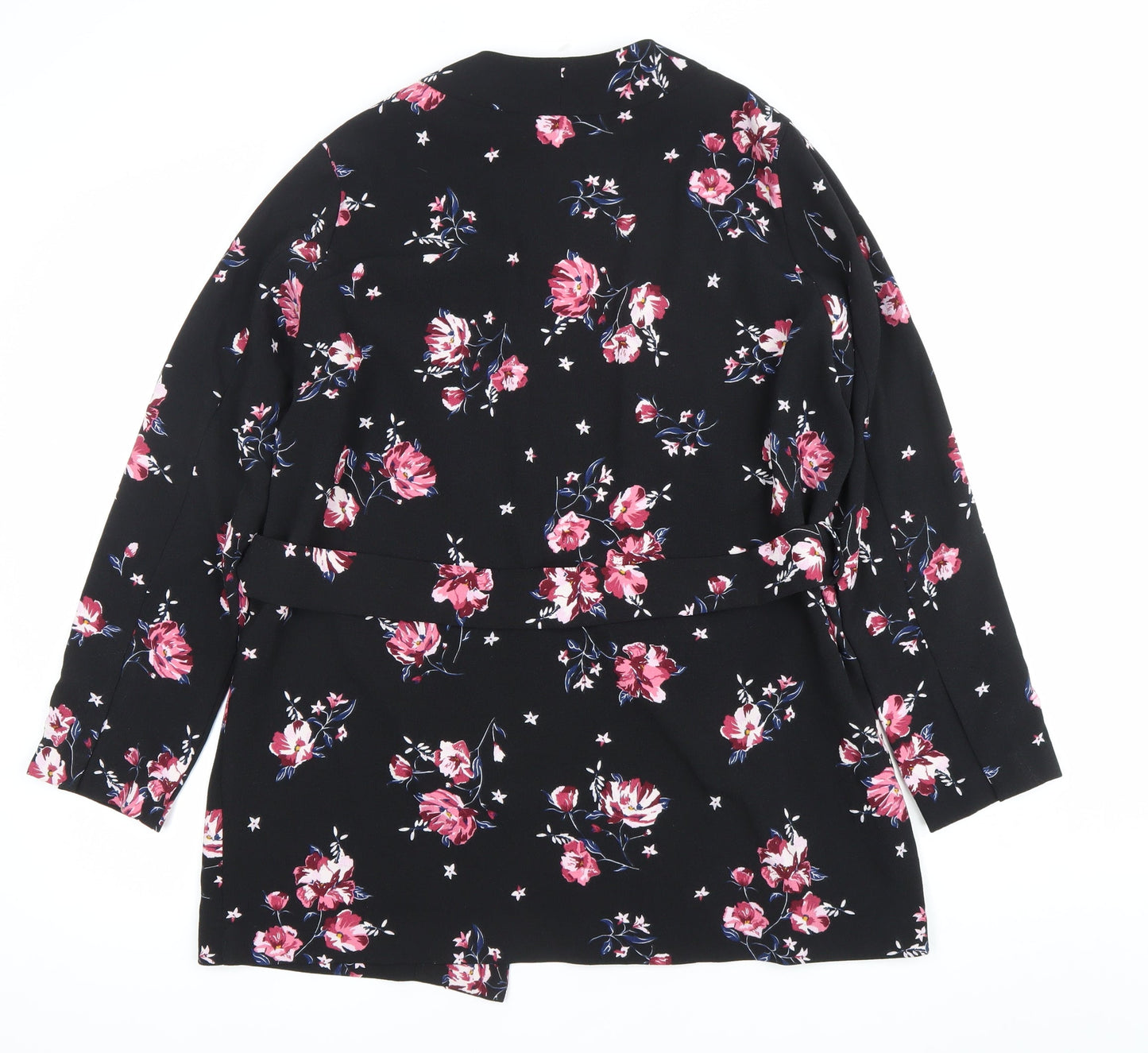 H&M Divided Womens Black Floral Kimono Blouse Size M Tie Belt Long Sleeve