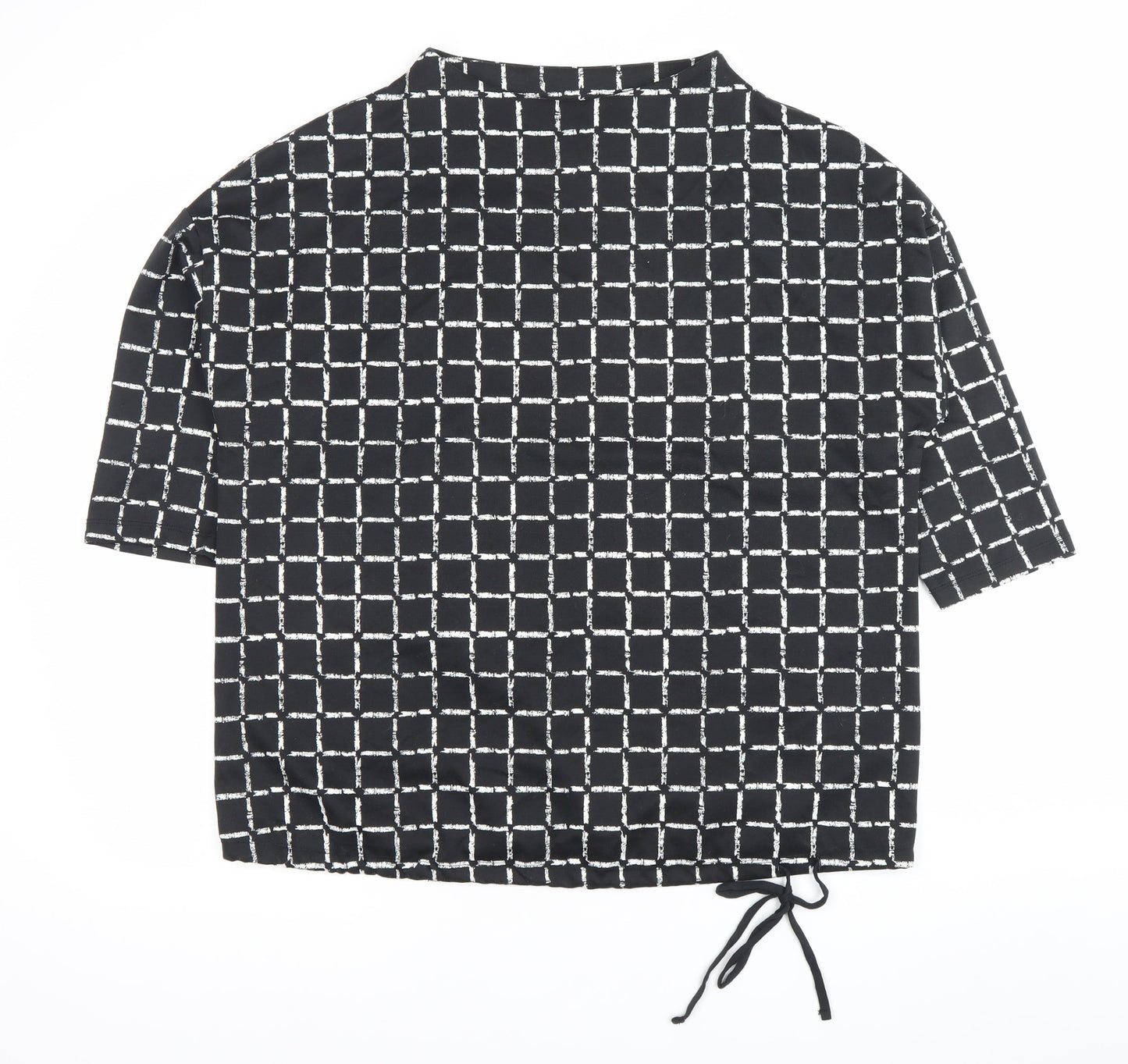 Canda Women Black Check Tunic Blouse L Boat Neck Short Sleeve