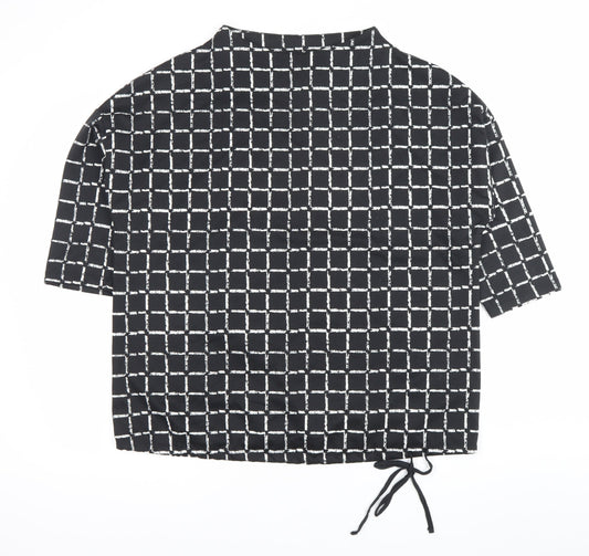 Canda Women Black Check Tunic Blouse L Boat Neck Short Sleeve