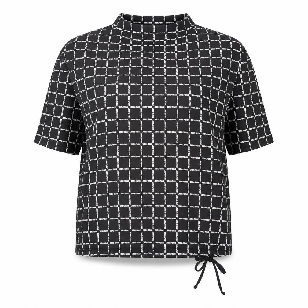 Front view of Canda Women Black Check Tunic Blouse L Boat Neck Short Sleeve