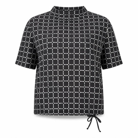 Front view of Canda Women Black Check Tunic Blouse L Boat Neck Short Sleeve
