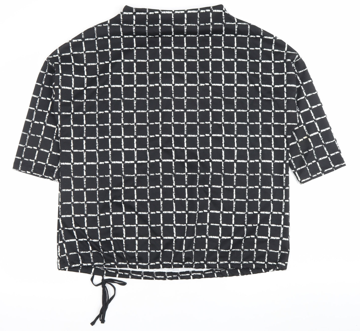Canda Women Black Check Tunic Blouse L Boat Neck Short Sleeve