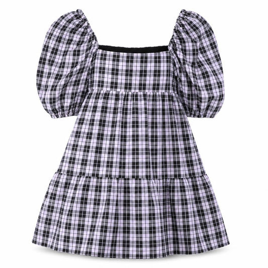 H&M Divided Women’s Black Check Skater Dress Size 10 Puff Sleeve