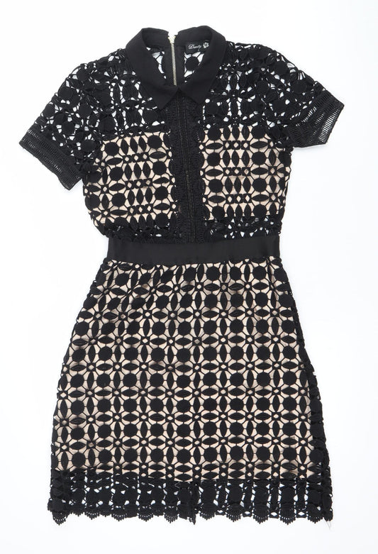 Dunify Women’s Black Lace Sheath Dress Size S Collared Cocktail