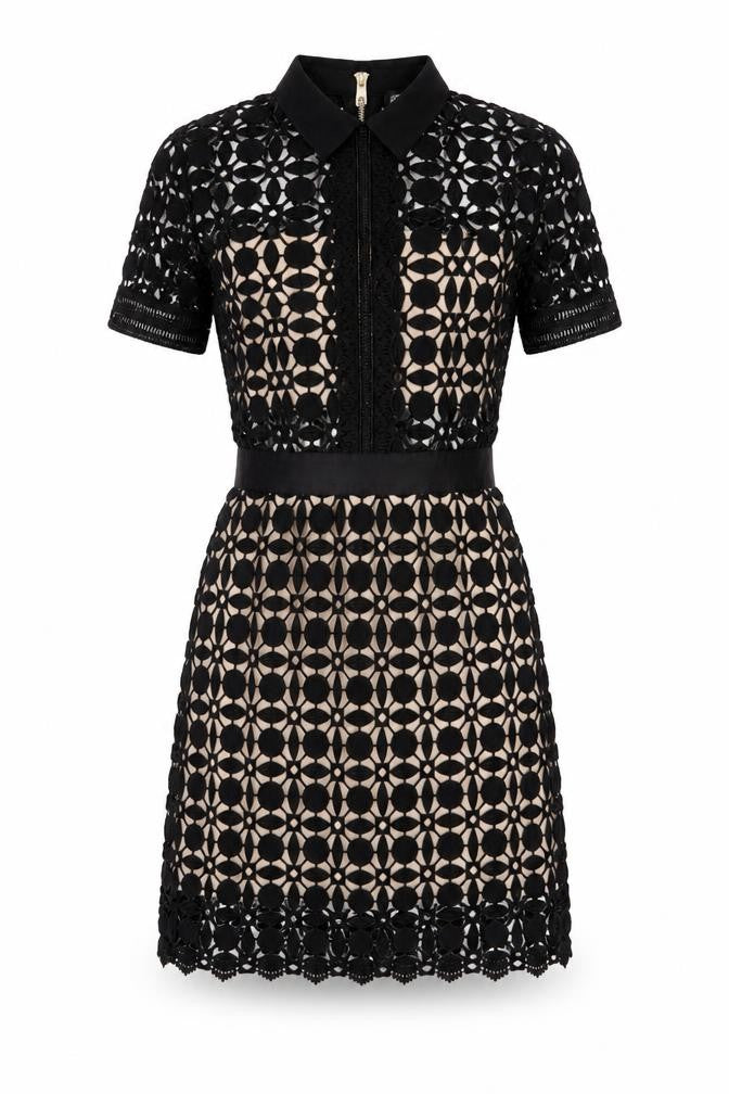 Dunify Women’s Black Lace Sheath Dress Size S Collared Cocktail