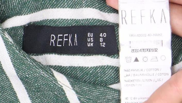 Reekx Women’s Green Striped Midi Shift Dress Size 12 V-Neck