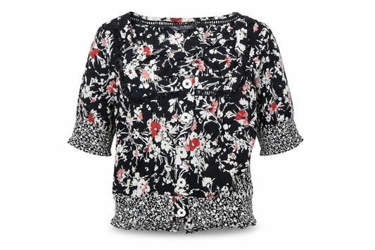 Jane Schofield Womens Black Floral Cotton Tunic Blouse UK 8