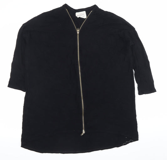 Post Card Womens Black Tunic Blouse L V-Neck Zip 3/4 Sleeve Jersey