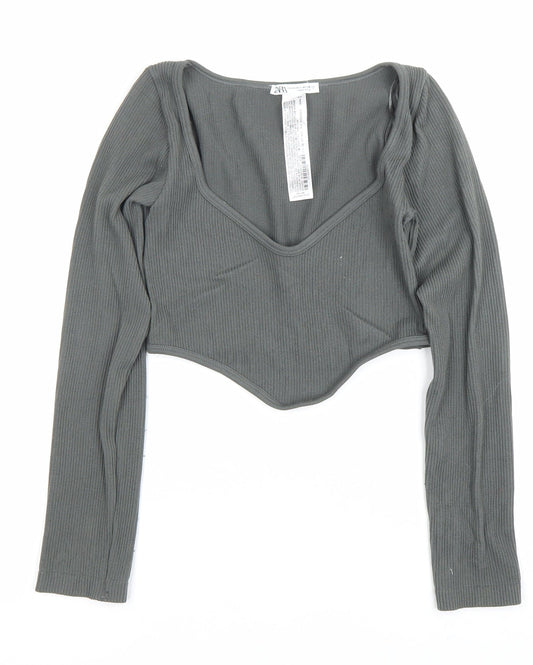 Zara Womens Grey XS Cropped Long Sleeve Knit Scoop Neck Top