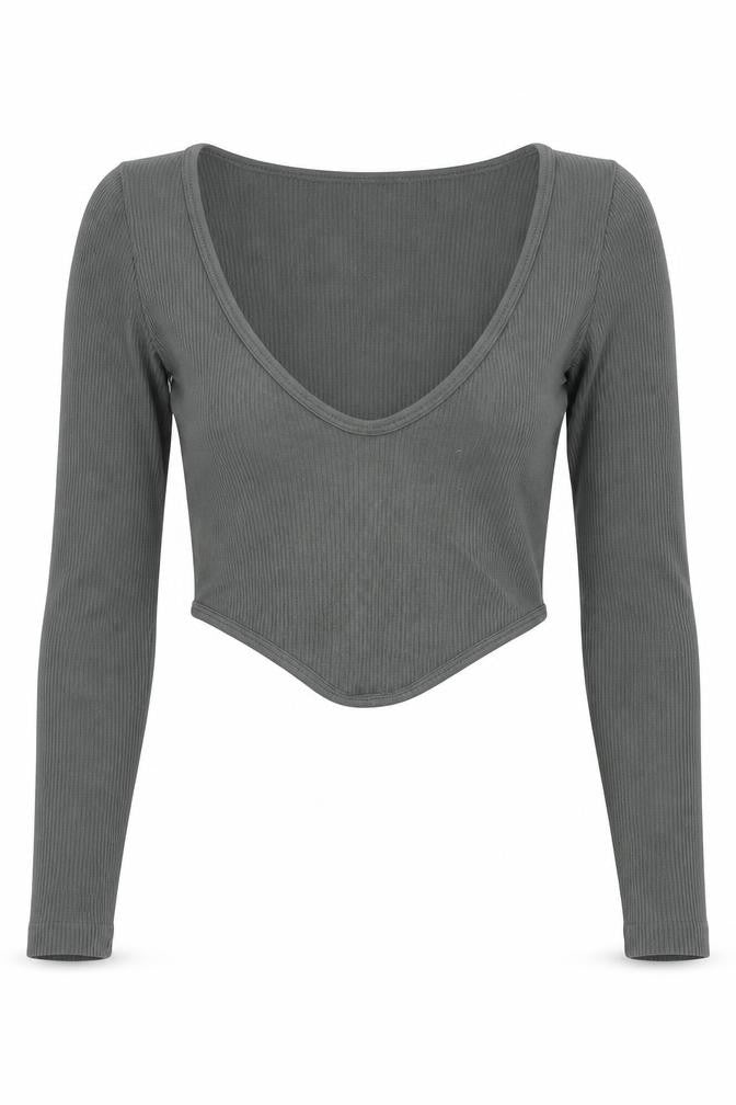 Zara Womens Grey XS Cropped Long Sleeve Knit Scoop Neck Top